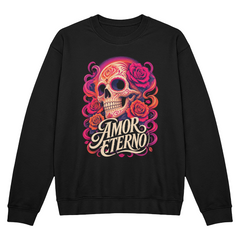 Amor Eterno Día de los Muertos Crewneck Sweatshirt – Colorful Sugar Skull and Roses Graphic