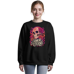Amor Eterno Día de los Muertos Crewneck Sweatshirt – Colorful Sugar Skull and Roses Graphic