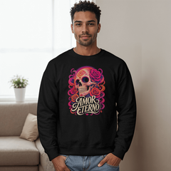 Amor Eterno Día de los Muertos Crewneck Sweatshirt – Colorful Sugar Skull and Roses Graphic