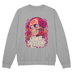 Amor Eterno Día de los Muertos Crewneck Sweatshirt – Colorful Sugar Skull and Roses Graphic